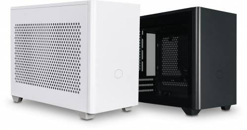 MasterBox NR200P, white versions shows vented side panel, black version shows tempered glass panel